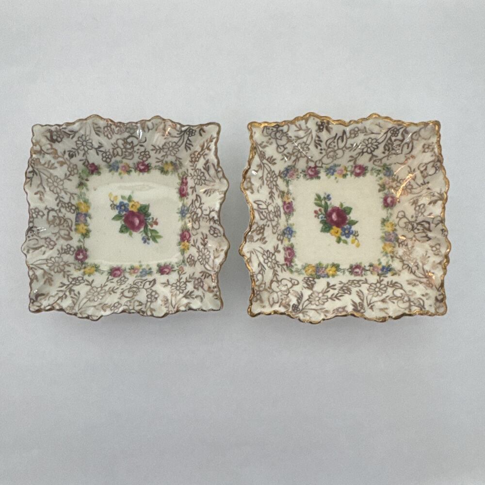 VTG James Kent Longton England‎ 2 Pin Dish Ruffle Edge Trinket Dish Floral Roses